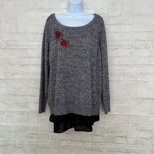 Torrid Black Heather Floral Embroidered Shirt Tail Sweater